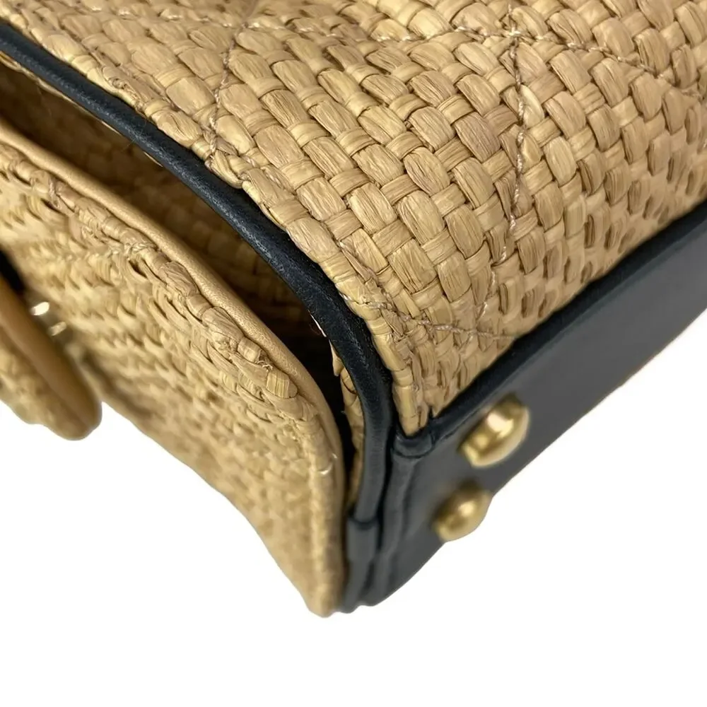 Chanel 25 Shoulder Bag Beige Black Raffia Leather